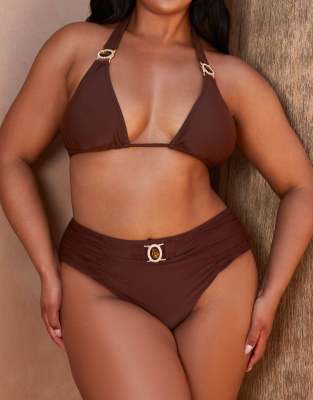 Moda Minx Curve X Bernadette Afia - Amour - Bikinihose in Kaffeebraun mit hohem Bund-Brown