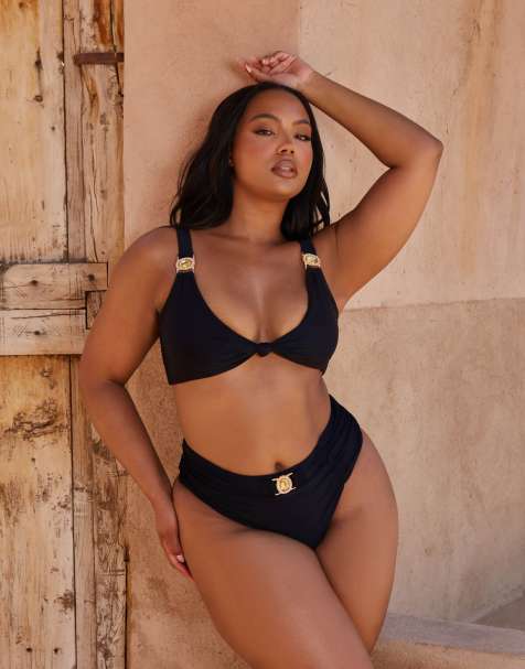 Moda Minx Curve X Bernadette Afia – Amour – Svart bikiniöverdel i trekantsmodell med knut - view 1