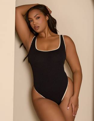 Moda Minx Curve x Bernadette Afia - Badeanzug in Schwarz mit Kontrast-Einfassung