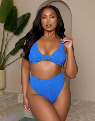 Moda Minx Curve X Bernadette Afia - Bikinihose in Kobaltblau mit Kräuselstruktur und hohem Bund