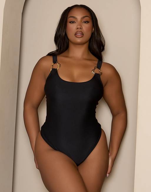Moda Minx Curve x Bernadette Afia - Costume da bagno nero con dettagli in metallo dorati
