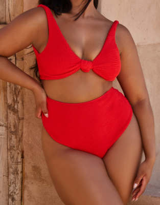 Moda Minx Curve X Bernadette Afia - Gekräuselte Bikinihose in Rot mit hohem Bund