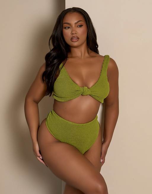 Moda Minx Curve X Bernadette Afia - Kakigrøn bikinitop med rynker og knude foran, 4 af 4