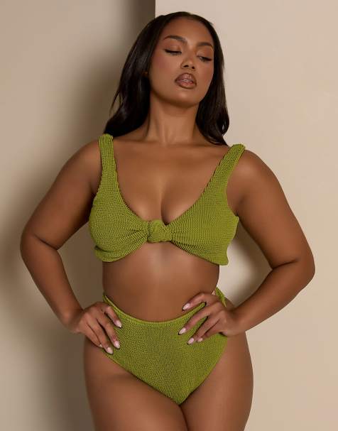 Moda Minx Curve x Bernadette Afia – Kakigrön, skrynklad bikiniöverdel med knut framtill - view 1