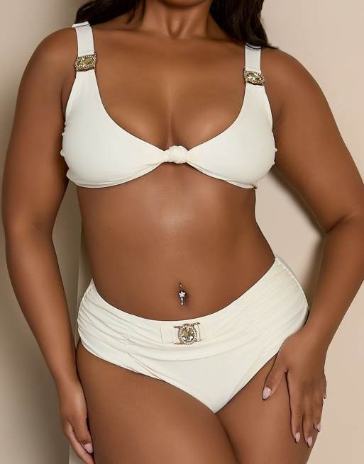Moda Minx Curve X Bernadette Afia knot front bikini top with gem details in cream, 2 of 4
