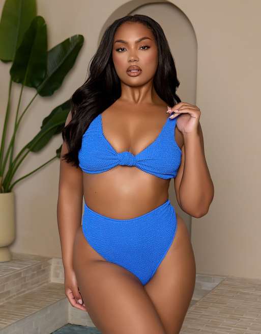 Moda Minx Curve X Bernadette Afia scrunch knot front bikini top in cobalt blue, 3 of 4