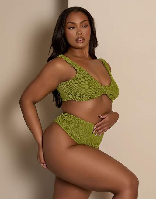 Moda Minx Curve X Bernadette Afia - Slip bikini a vita alta stropicciati kaki, 4 di 4