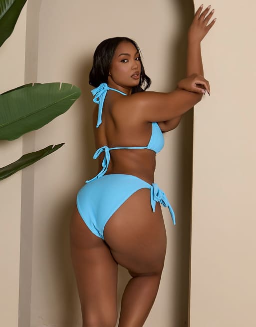 Moda Minx Curve X Bernadette Afia - Slip bikini blu con laccetti laterali e gemme, 3 di 4