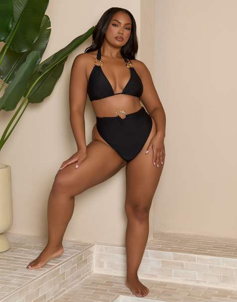 Moda Minx Curve x Bernadette Afia – Svart bikiniunderdel med guldfärgade metalldetaljer - view 1