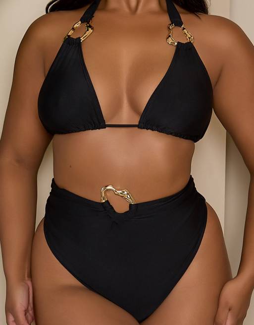 Moda Minx Curve x Bernadette Afia - Triangel-bikinitopje met gouden hardware in zwart, 3 van 4