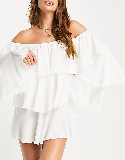  Moda Minx frill layer cold shoulder mini beach dress in white 