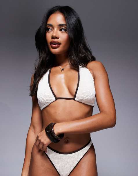 Moda Minx – Gekräuseltes Neckholder-Bikinioberteil in Cremeweiß mit farblich abgesetzter Einfassung - view 1