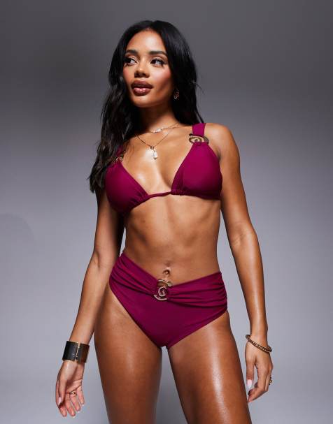 Moda Minx high waisted bikini bottom with shell detail in berry - view 1