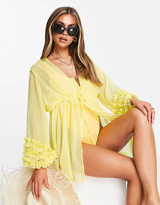 Moda Minx - Kimono da mare giallo limone con maniche con volant