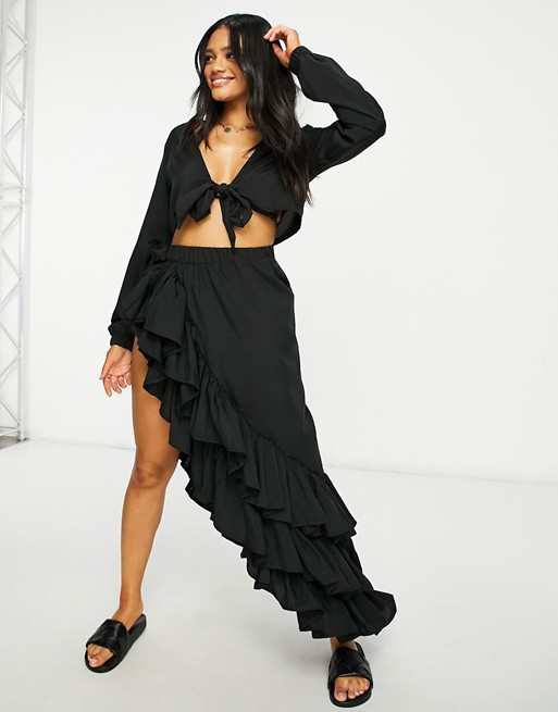 Moda Minx mid skirt and top ruffle beach co-ord in black
