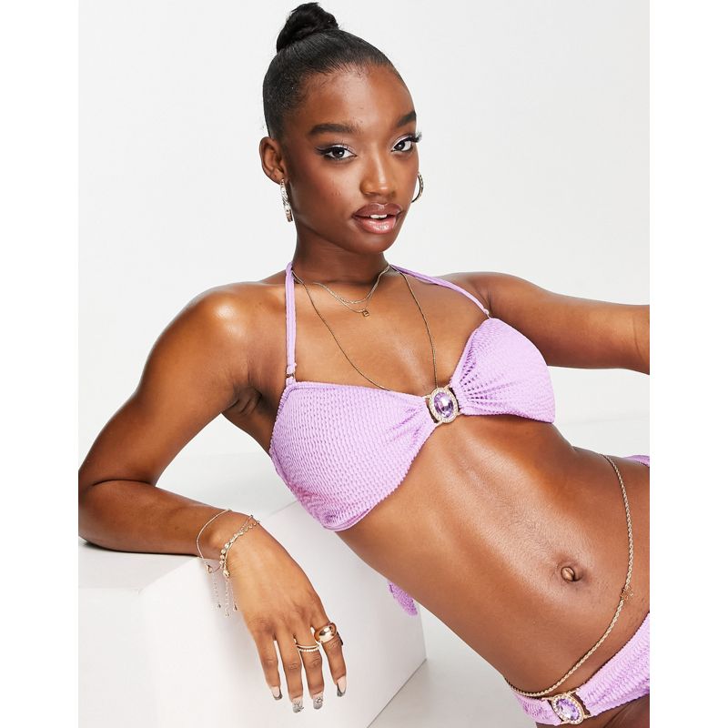 Donna MBwh2 Moda Minx - Top bikini a triangolo in tessuto stropicciato decorato, colore lilla