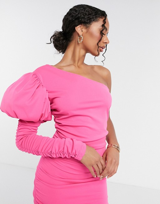 Moda Minx one shoulder puff sleeve mini dress in pink | ASOS