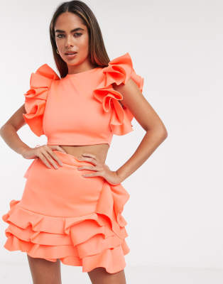 Moda Minx ruffle crop top and skirt co ord in orange