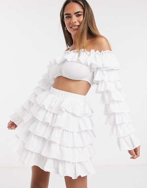 Moda Minx ruffle crop top and skirt co ord in white