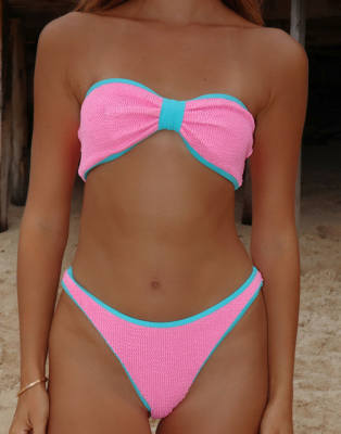 Moda Minx Scrunch Contrast Binding Fixed Bikini Bottom In Pink