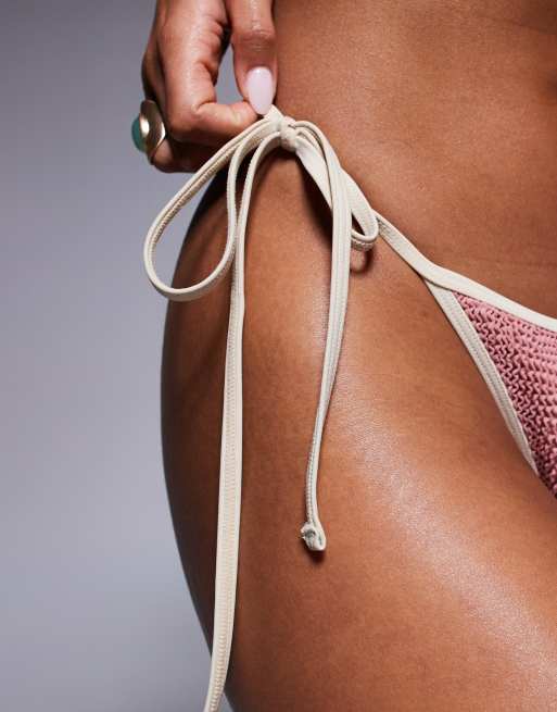 Moda Minx scrunch contrast binding tie side bikini bottoms in clay pink, 3 of 4