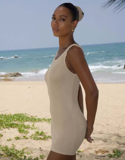 Moda Minx Scrunch low back mini dress in light caramel, 3 of 3