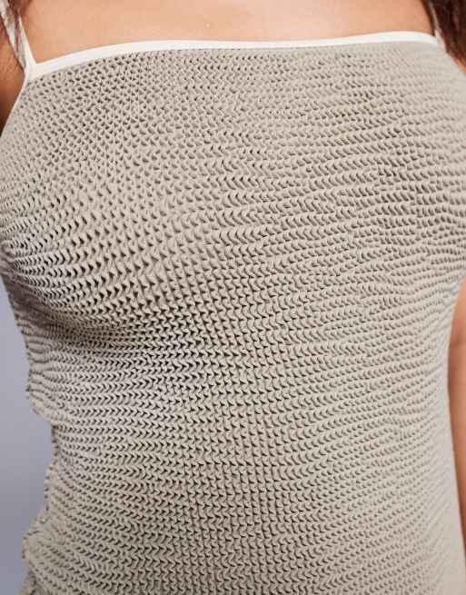 Moda Minx scrunch scoop back mini dress in stone with contrast piping, 4 of 4