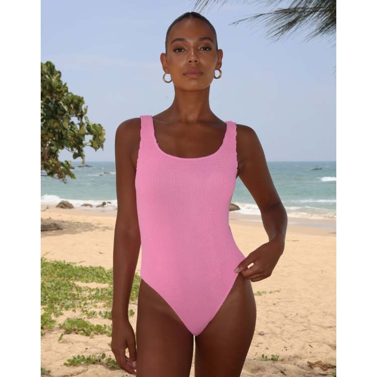 Moda Minx Scrunch scoop swimsuit in candy pink | ASOS