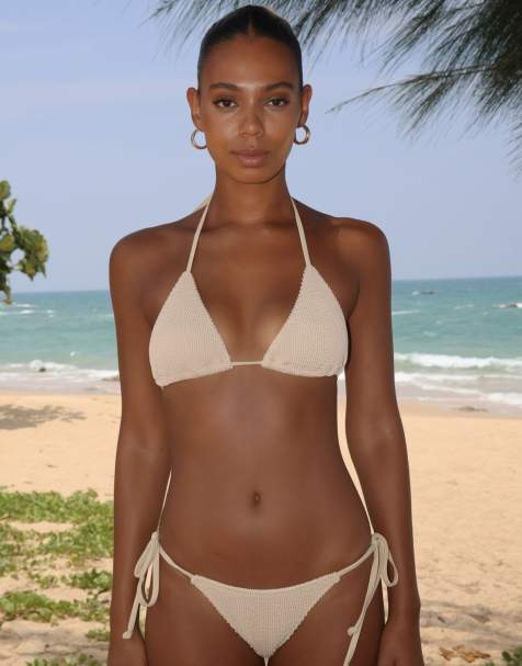 Moda Minx Scrunch tie side bikini bottom in light caramel - view 1