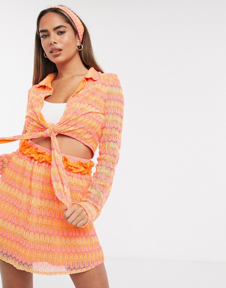 Moda Minx – Set med crop top och kjol med knytning och matchande hårband i orange