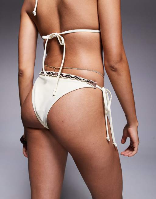 Moda Minx tie side bikini bottom with ruffle detailing in cream and brown, 4 of 4