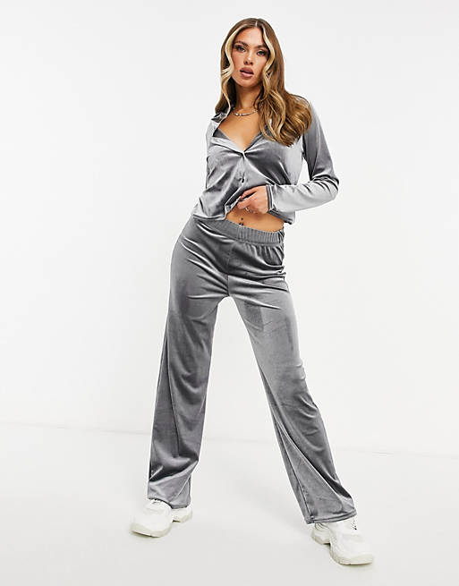 Moda Minx velour collar detail cropped shirt and wide leg jogger set in grey marl