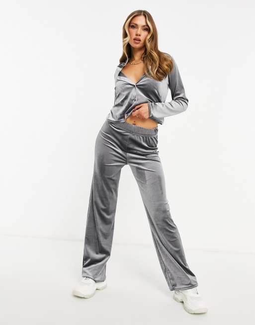 Moda Minx velour collar detail cropped shirt and wide leg jogger set in ...