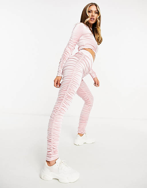 Moda Minx velour ruched detail top and ruched jogger set in pink