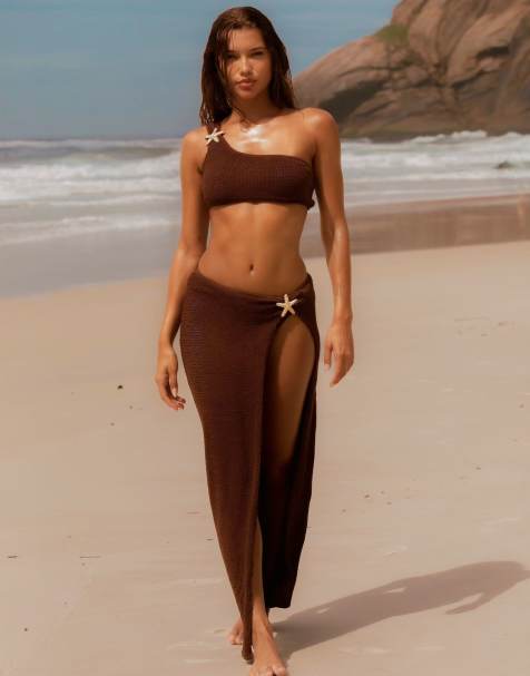 Moda Minx x Agnes Pimentel – Maxi-Strandrock in Kaffeebraun mit Knitterstruktur - view 1
