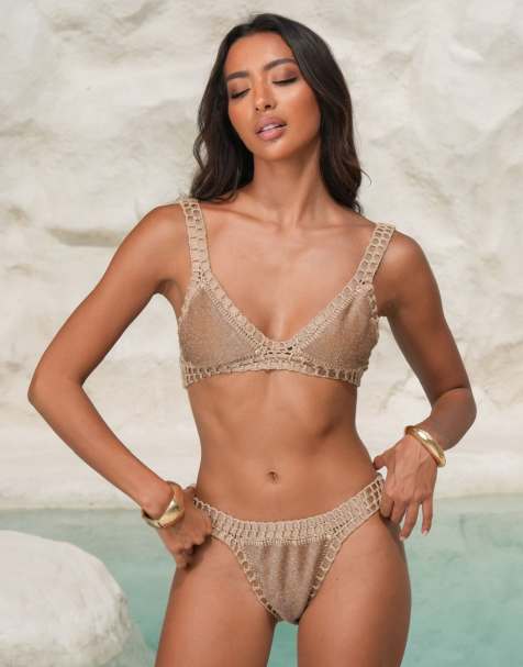 Moda Minx X Alejandra Vidal – Brun, glittrig bikiniunderdel med virkad kant - view 1