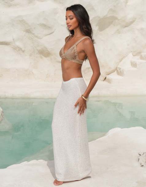 Moda Minx X Alejandra Vidal - Cremefarvet strikket maxinederdel med pailletter - view 1