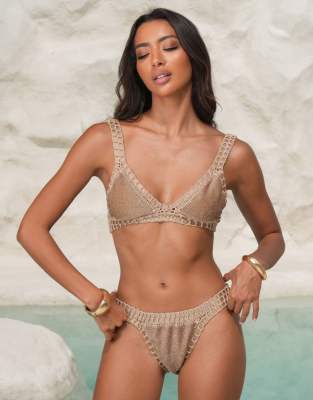 Moda Minx X Alejandra Vidal Glitter Bikini Top With Crochet Trim In Brown