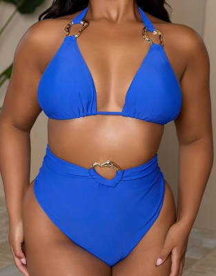 Moda Minx X Bernadette Afia Curve Triangle Bikini Top With Gold Hardware Detail In Blue
