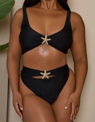 Moda Minx X Bernadette Afia Curve Bikini Bottoms With Starfish Detail In Black