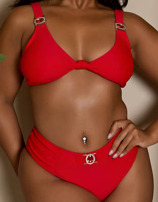 Moda Minx X Bernadette Afia Curve Ruched Bikini Bottoms With Gem Detail In Red