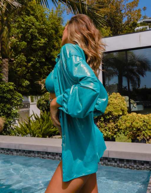 Moda Minx x Priscilla Riacrt beach shirt in metallic teal | ASOS