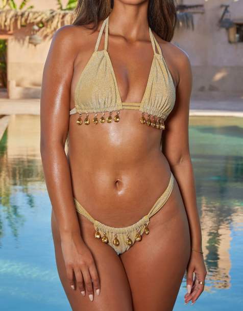 Moda Minx X Sophie Piper string bikini bottom with droplets in gold metallic - view 1