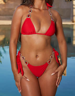 Moda Minx Moda Minx X Sophie Piper tripe charm tie side bikini bottom in red