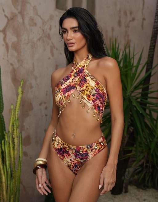 Moda Minx x Zoe Servini - Bikini multicolor cruzado con estampado floral y detalle de cuentas Mix & Match, 3 de 5