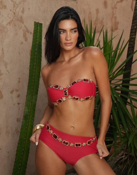 Moda Minx X Zoe Servini high waisted bikini bottoms with jewel trim in red - view 1