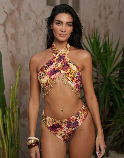 Moda Minx x Zoe Servini - Top de bikini multicolor cruzado con estampado floral y detalle de cuentas