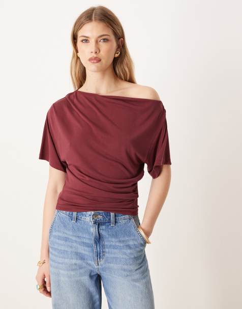 modal off shoulder drapey top in wine - view 1
