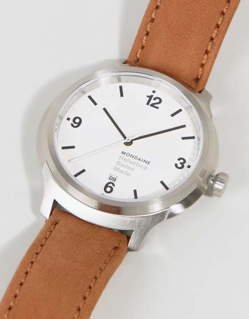 Mondaine Helvetica Bold Leather Watch In Brown 43mm ASOS