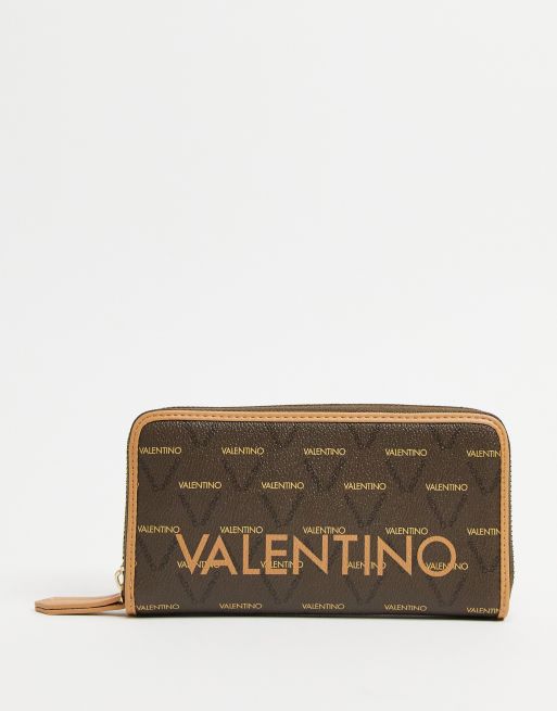 Monedero marrón con monograma y cremallera en el contorno Liuto de  Valentino Bags